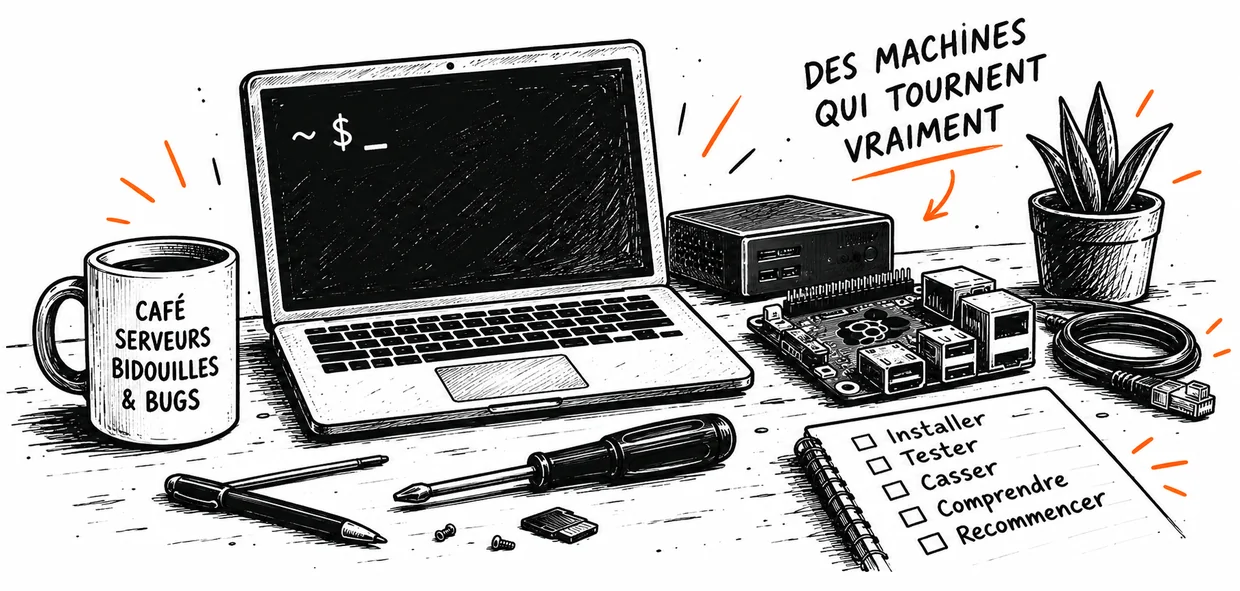 Croquis d’un bureau de bidouilleur : ordinateur portable avec terminal, mug « Café, serveurs, bidouilles & bugs », Raspberry Pi, mini-serveur, tournevis et checklist « Installer, Tester, Casser, Comprendre, Recommencer »